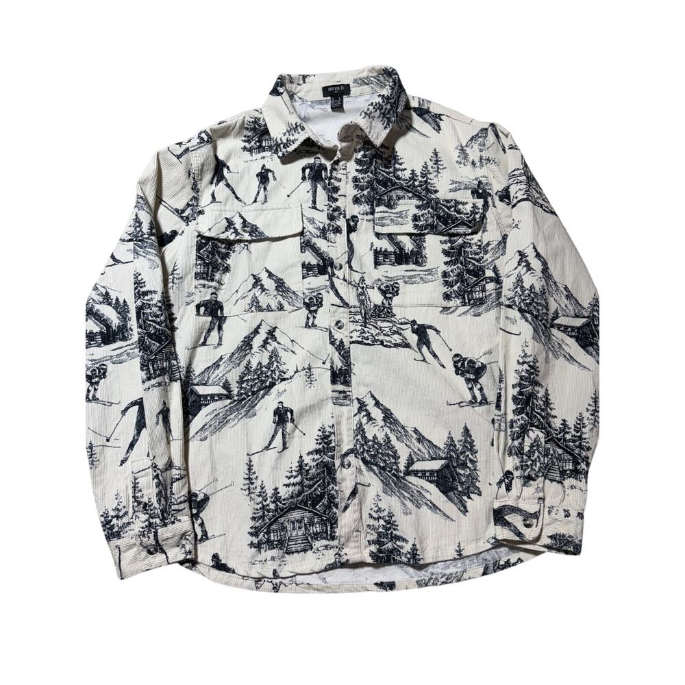Forever 21 Mens XL White & Black Evergreen Ski Theme Corduroy Button Down Shirt